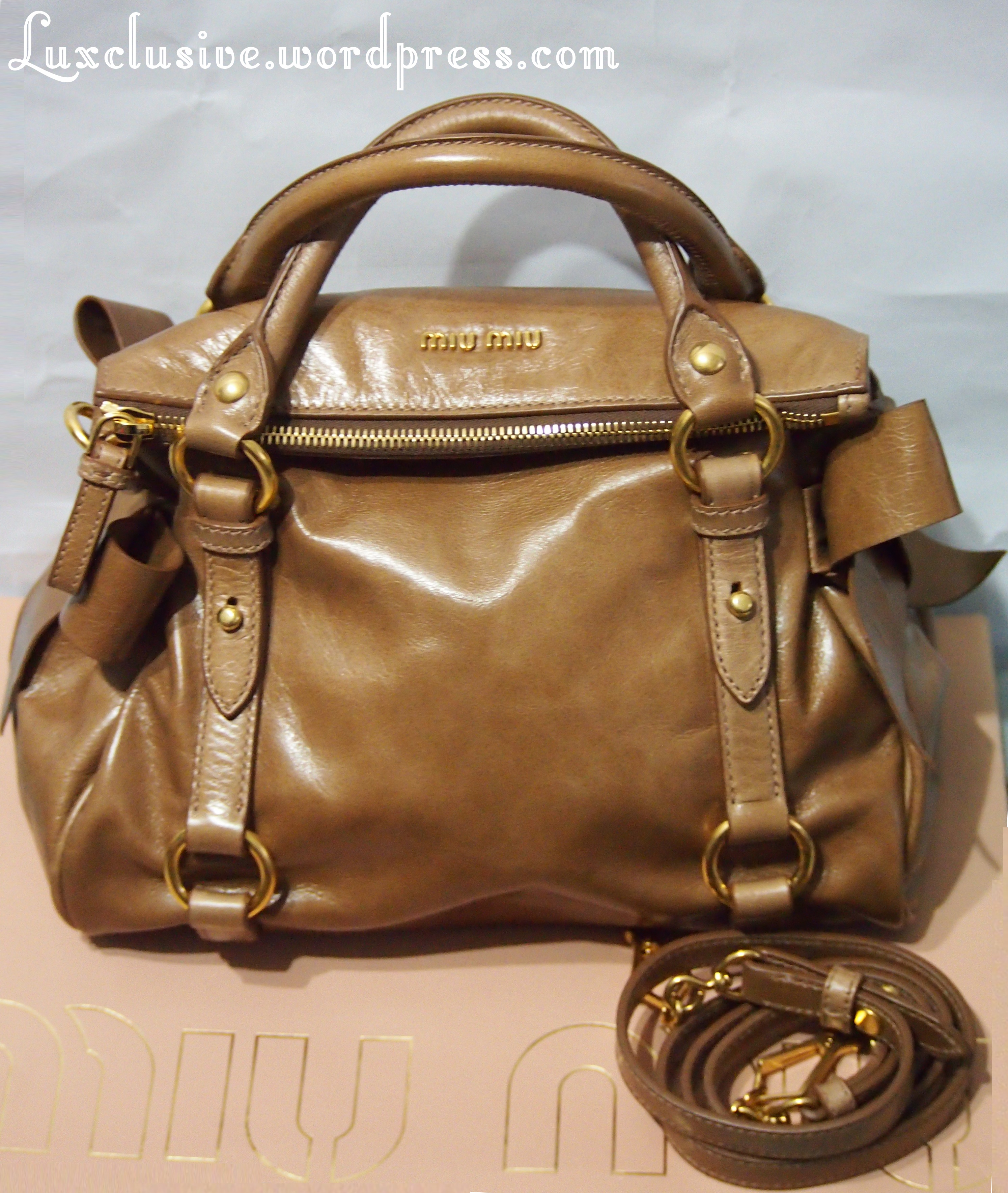 MIU MIU Vitello Lux Mini Bow Bag Cammeo 117236